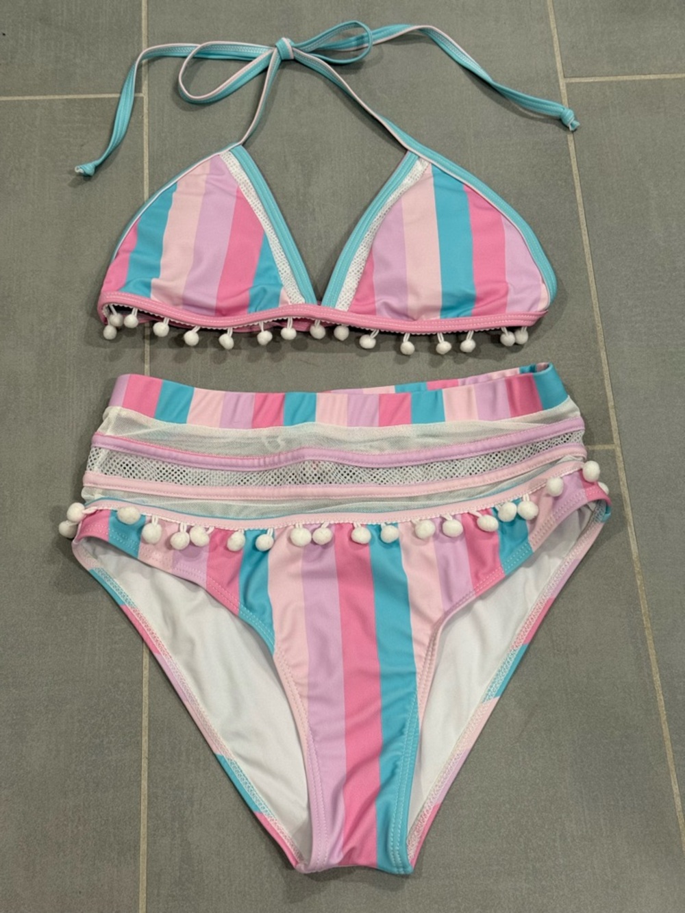 Pink Lily Pastel Stripe Pom Pom Bikini Set in Pink, Blue, Lavender